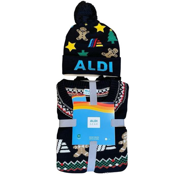 Aldi Gear Christmas Sweater and Hat Beanie Large 2024 Holiday Graphic AOP NEW - Picture 1 of 7